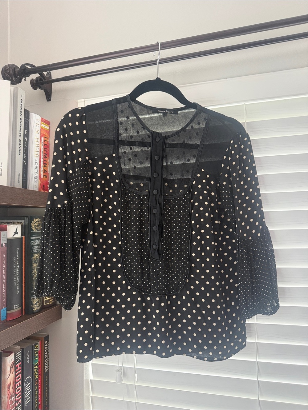 NANETTE LEPORE Women’s Black Polka Dot Mixed-Media Sheer Blouse